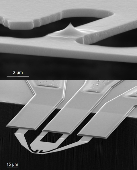 Микрофотографии миниатюрного щупа (вверху) и пластинки, на которой он крепится (фото IBM Research – Zurich).